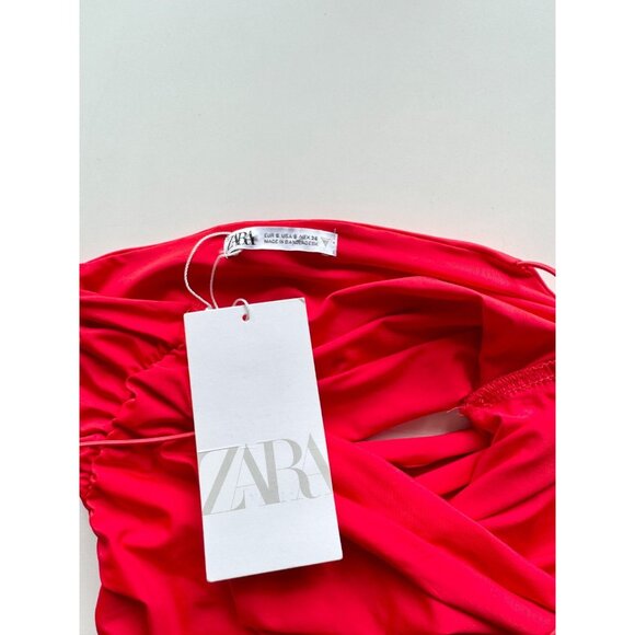 NWT ZARA Red Jersey Asymmetrical One Shoulder Cut-Out Ruched Midi Dress, Size S - Picture 9 of 12
